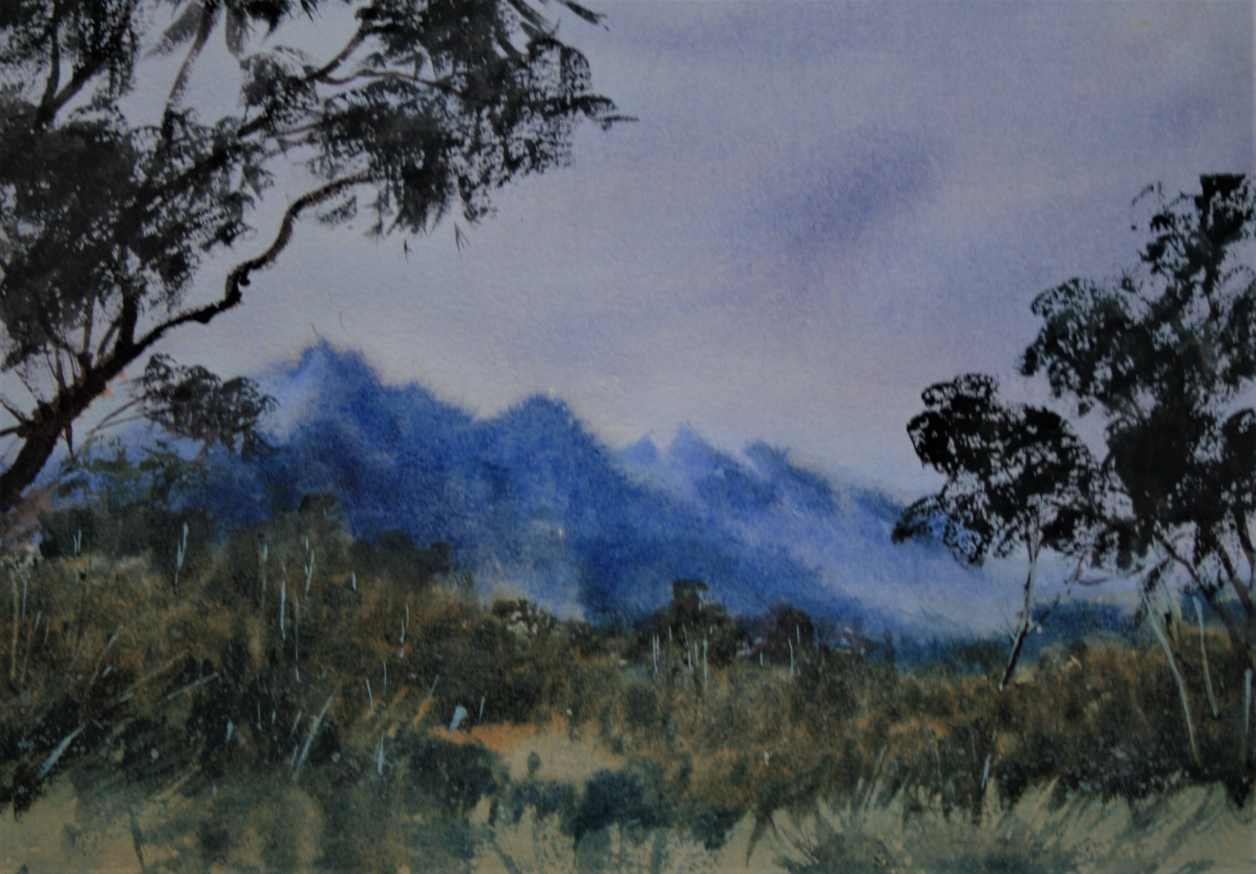 Mist on the Grampians WC 31 x 41 cm FUltra, Quin Coral & Raw Sienna. Mist on the Grampians WC 31 x 41 cm FUltra, Quin Coral & Raw Sienna.
